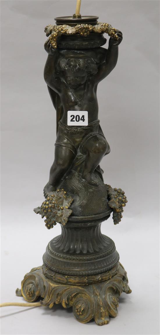 A Victorian bronze parcel gilt cherub lamp 44cm.